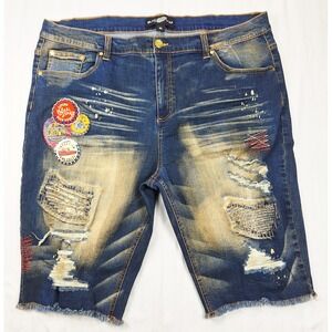 Black Leaf Distressed Denim Shorts Blue Patches Paint Splatter Raw Hem Mens 40